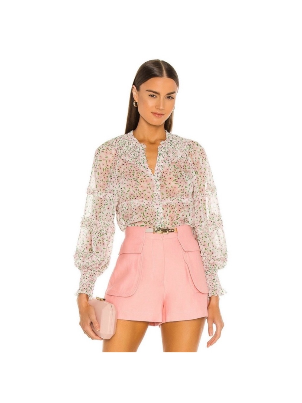 Alice + Olivia Margery Shirred Floral-print Blouse in Monterey Ditsy M